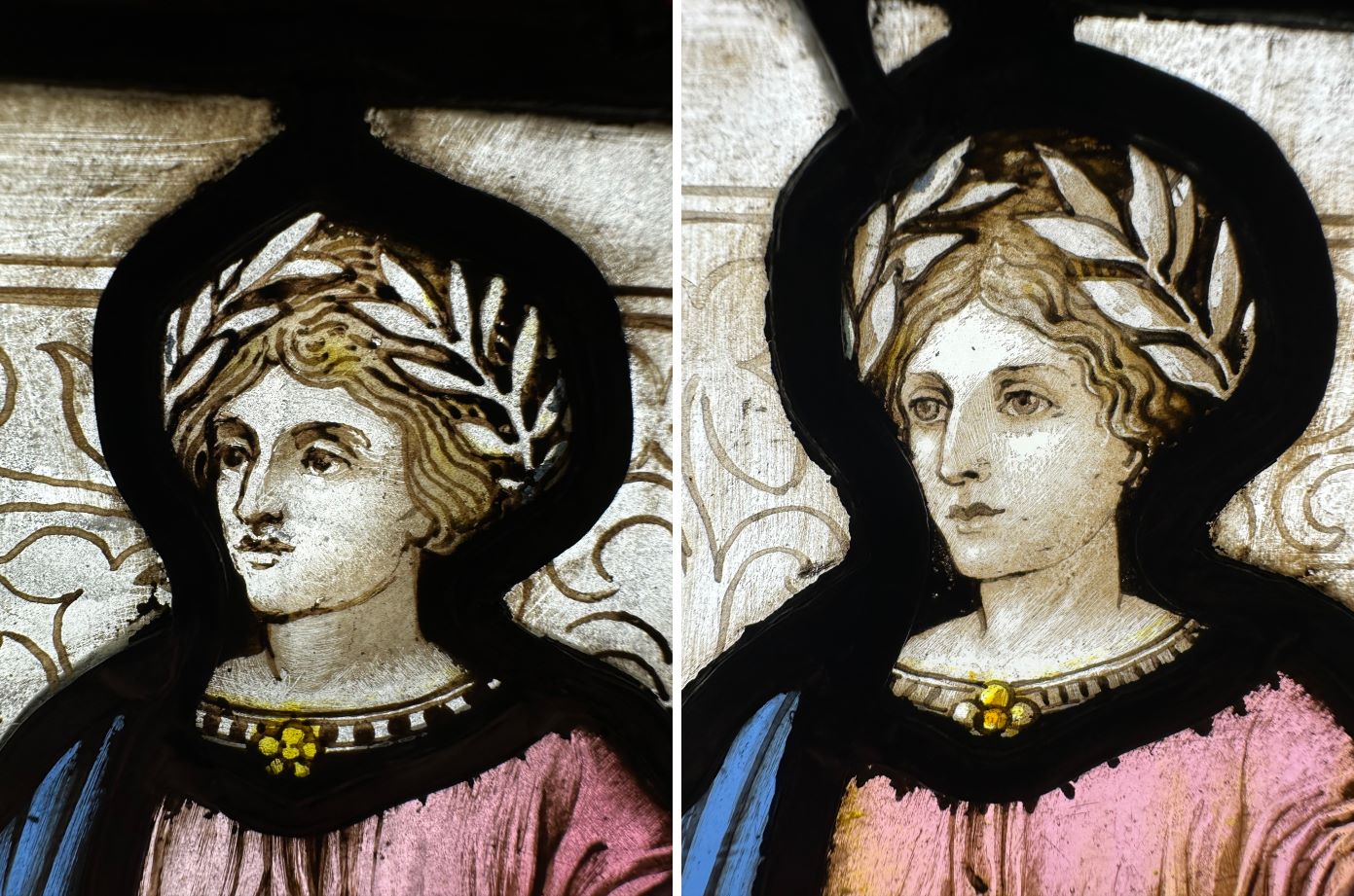 A side-by-side comparison showing how the depiction of Economia in one of the roundels (left) differs markedly from the depiction seen in the others (right).