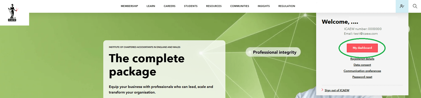 Where ICAEW members can access their dashboard on icaew.com