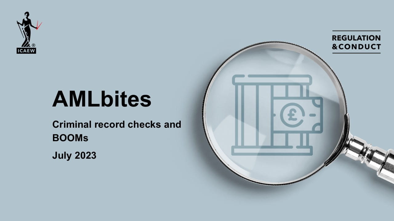 Thumbnail - Title slide "AMLbites - Criminal record checks and BOOMs (July 2023)"