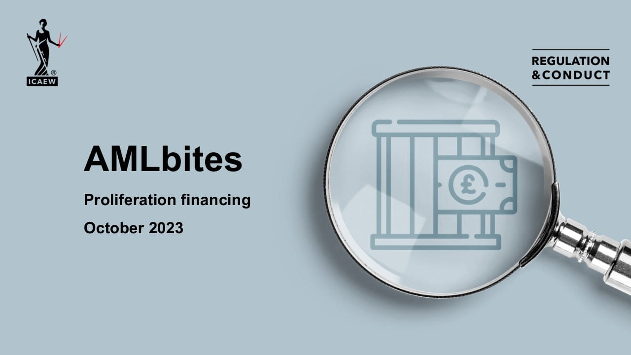 Thumbnail - Title slide "AMLbites - Proliferation financing (October 2023)"