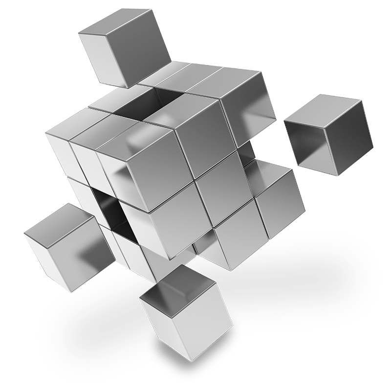 A cube made from 27 silver cubes, some of which are splitting off from the cube