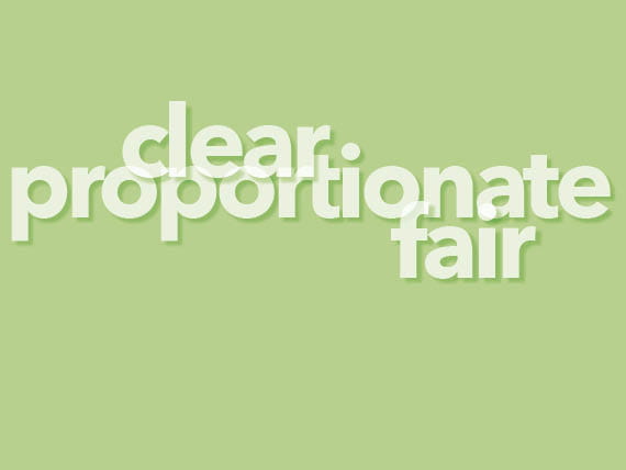 Image of words 'Clear, proportionate, fair' on green background