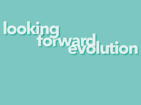 Image of words 'Looking, forward, evolution' on teal background