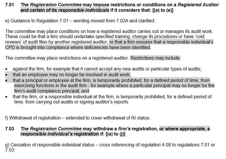 Proposed changes to to the Audit Regulations - Sanctioning of responsible individuals 2