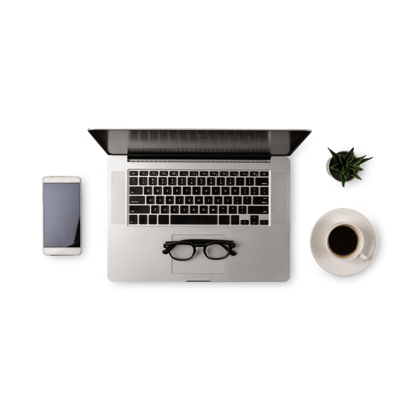 Laptop, coffee, smartphone and pen pot