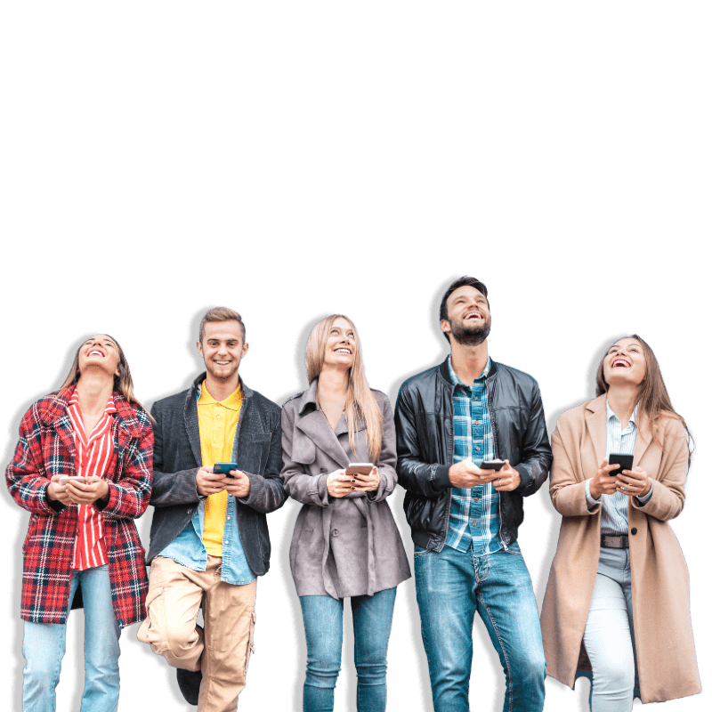 Five casually-dressed young people, holding mobile phones, but looking upwards