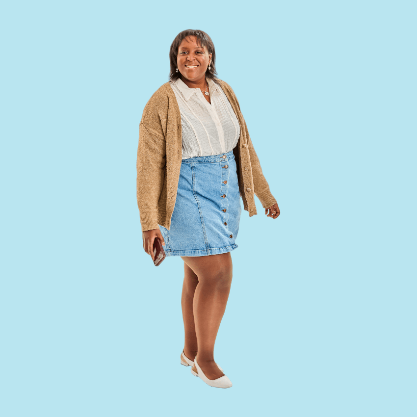 Woman in red and black clothes holding a phone
