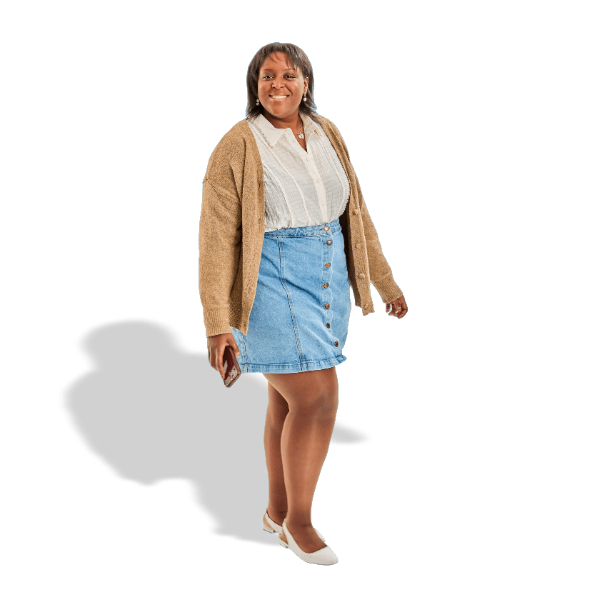 Woman in red and black clothes holding a phone