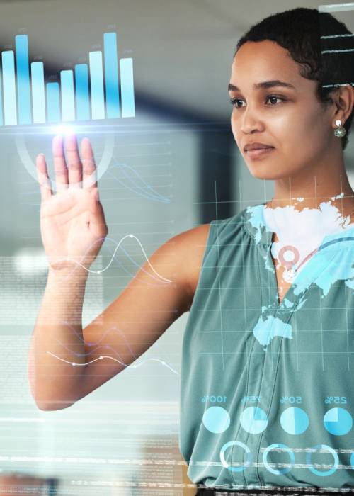 Young woman interacting with a floating tech screen