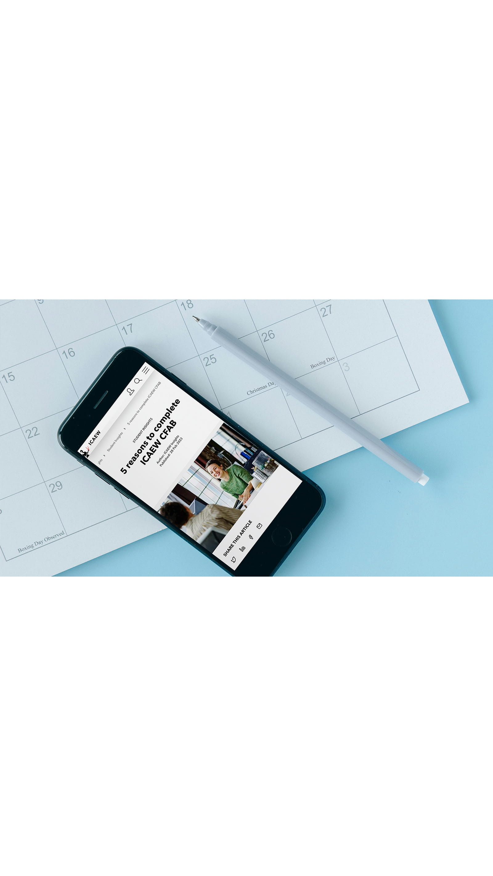 mobile smart phone ICAEW CFAB article website Student Insights calendar blue