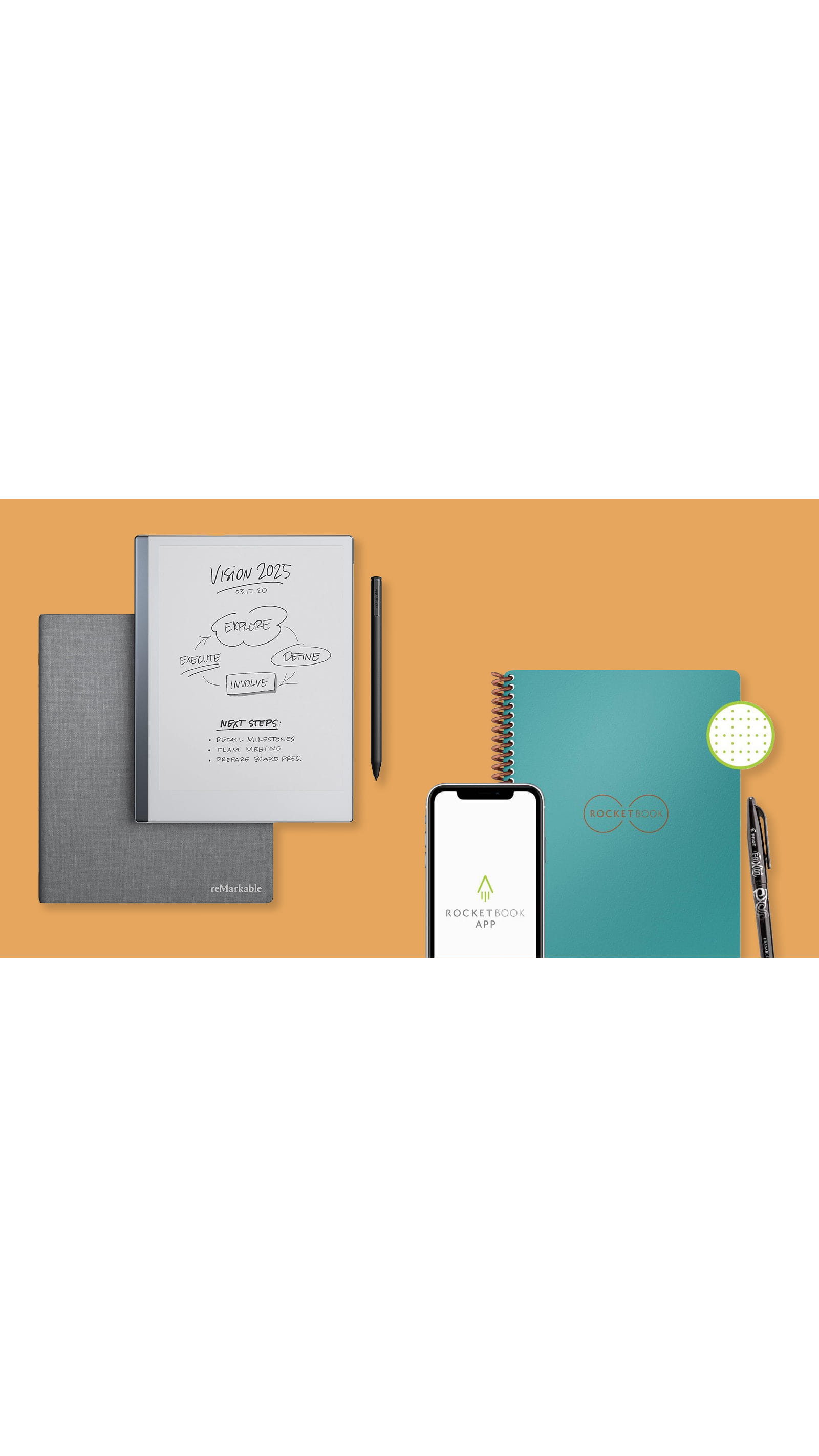 reMarkable smart notebook device pen stylus Rocketbook reusable digital notebook orange background