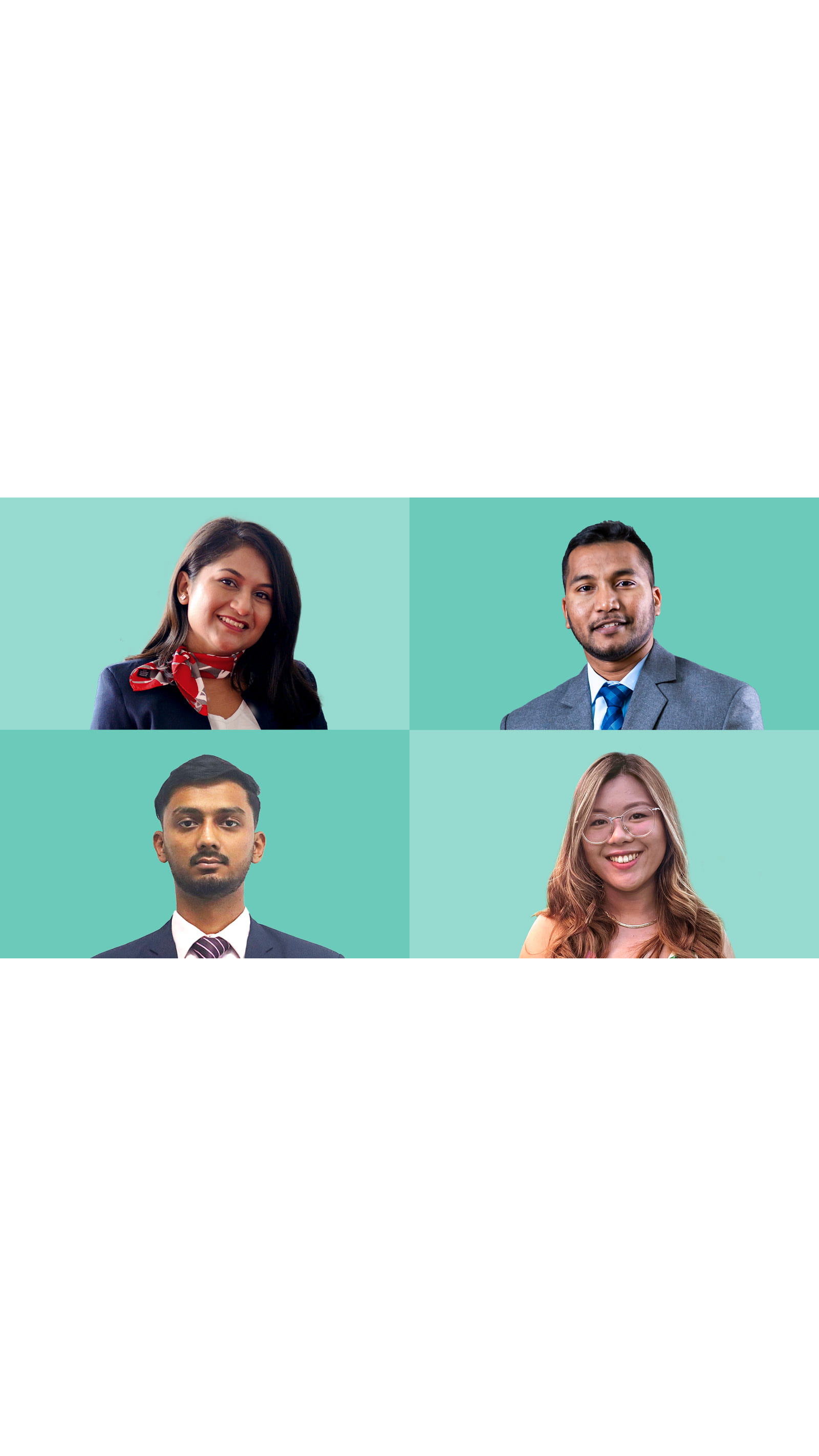 Clockwise from top left: Yajna Christna, Avikesh Bhola, Beverly Kwan, Vedanth Tulsi Mauritius ICAEW accountant student society teal background