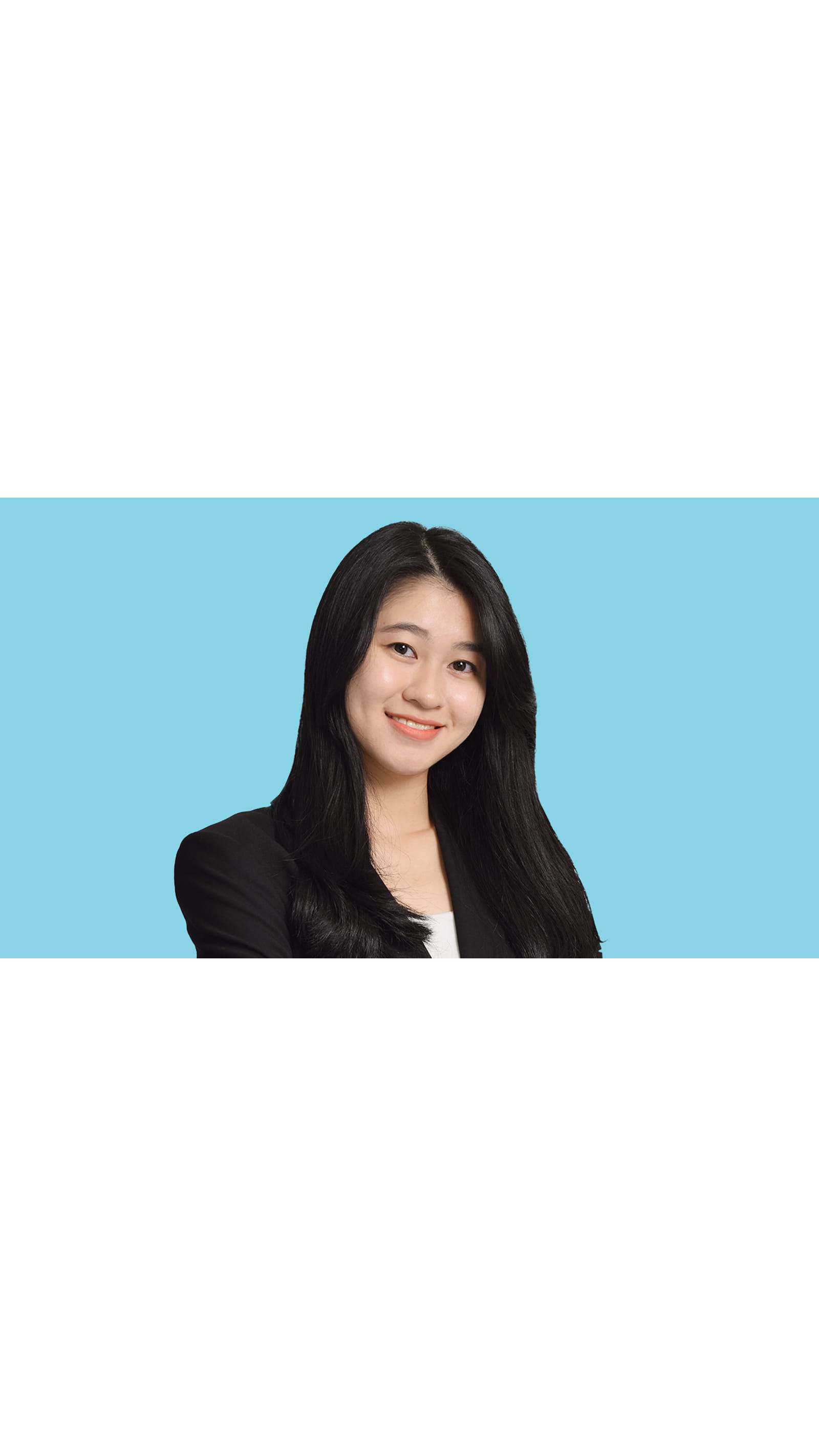 Mandy Lai ACA student prizewinner Malaysia young woman black hair black suit blue background