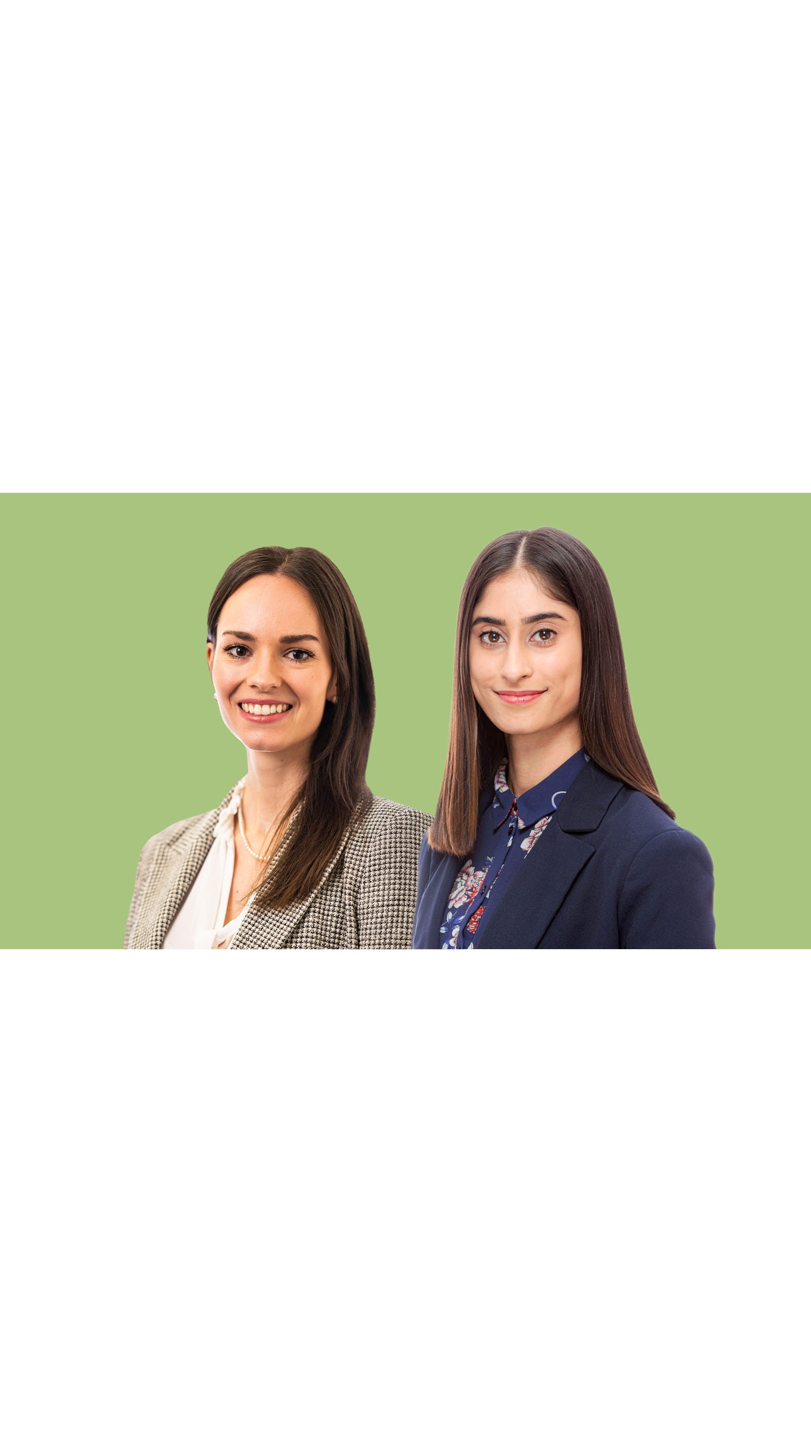 Jas Rayat and Kim Kreutle, ISC chair and vice chair Two young women corporate portraits on green background