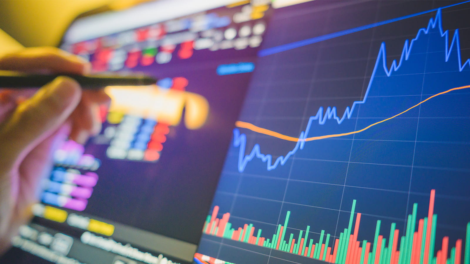 Business person holding pen indicator business model analysis Digital asset cryptocurrenciees Sustainability investment selective us dollar bond and fund stable coin