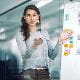 young women employee talking presenting leading a meeting in front of colleagues with a white board and post it notes behind