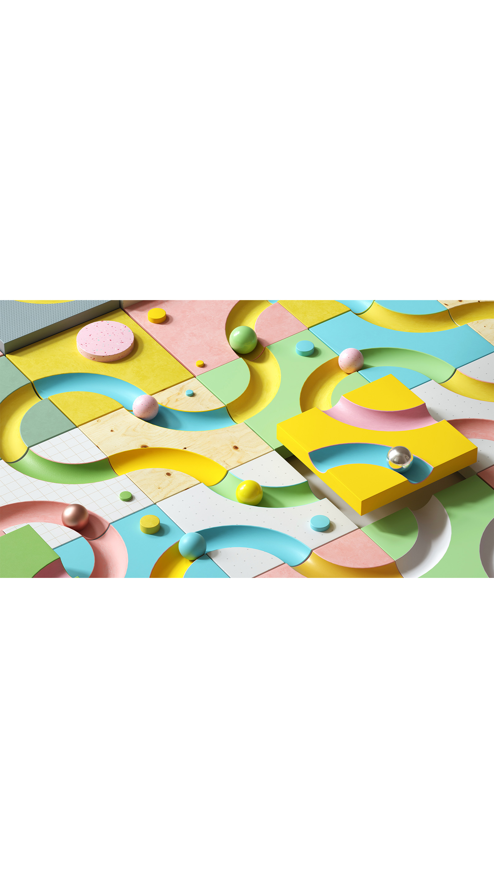puzzle board pieces wood marbles tunnel wavy bends pastel colours yellow pink green blue