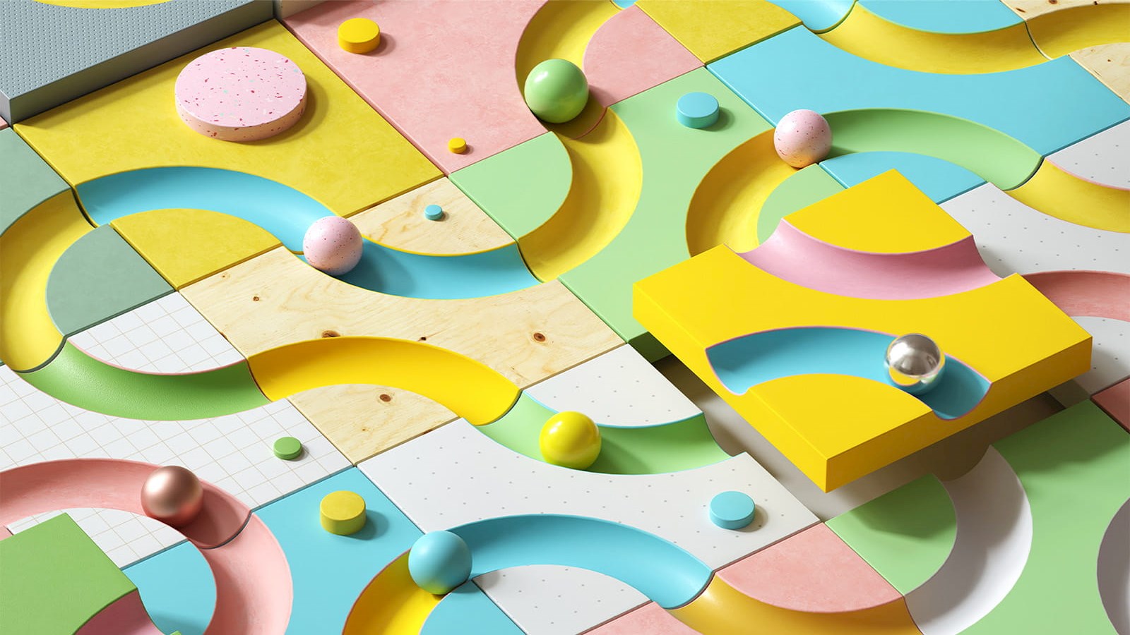 puzzle board pieces wood marbles tunnel wavy bends pastel colours yellow pink green blue