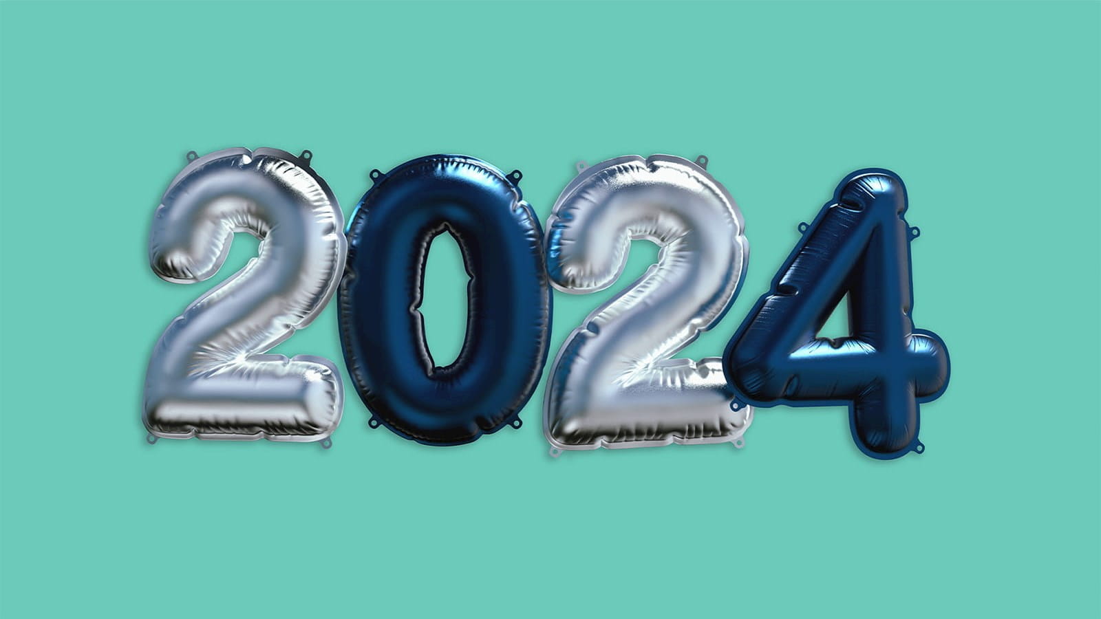 helium balloons 2024 year metallic silver navy blue teal background