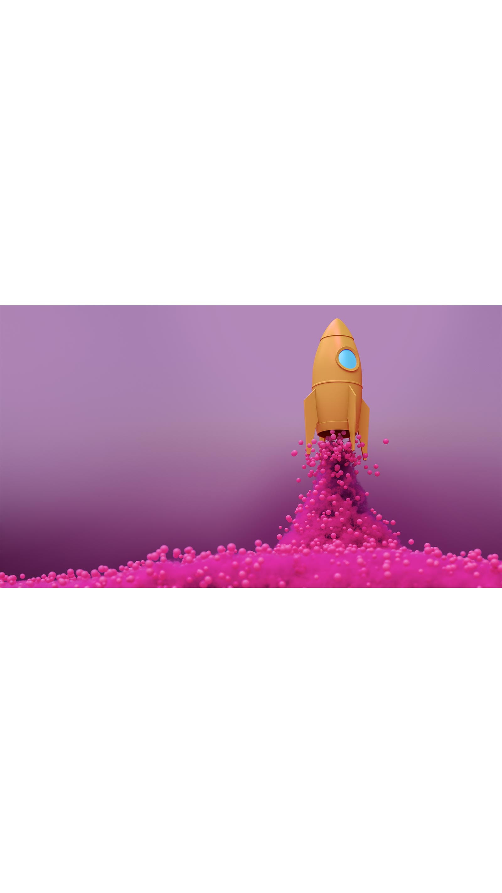 orange rocket ship taking flight powered by pink balls instead of flames on purple background