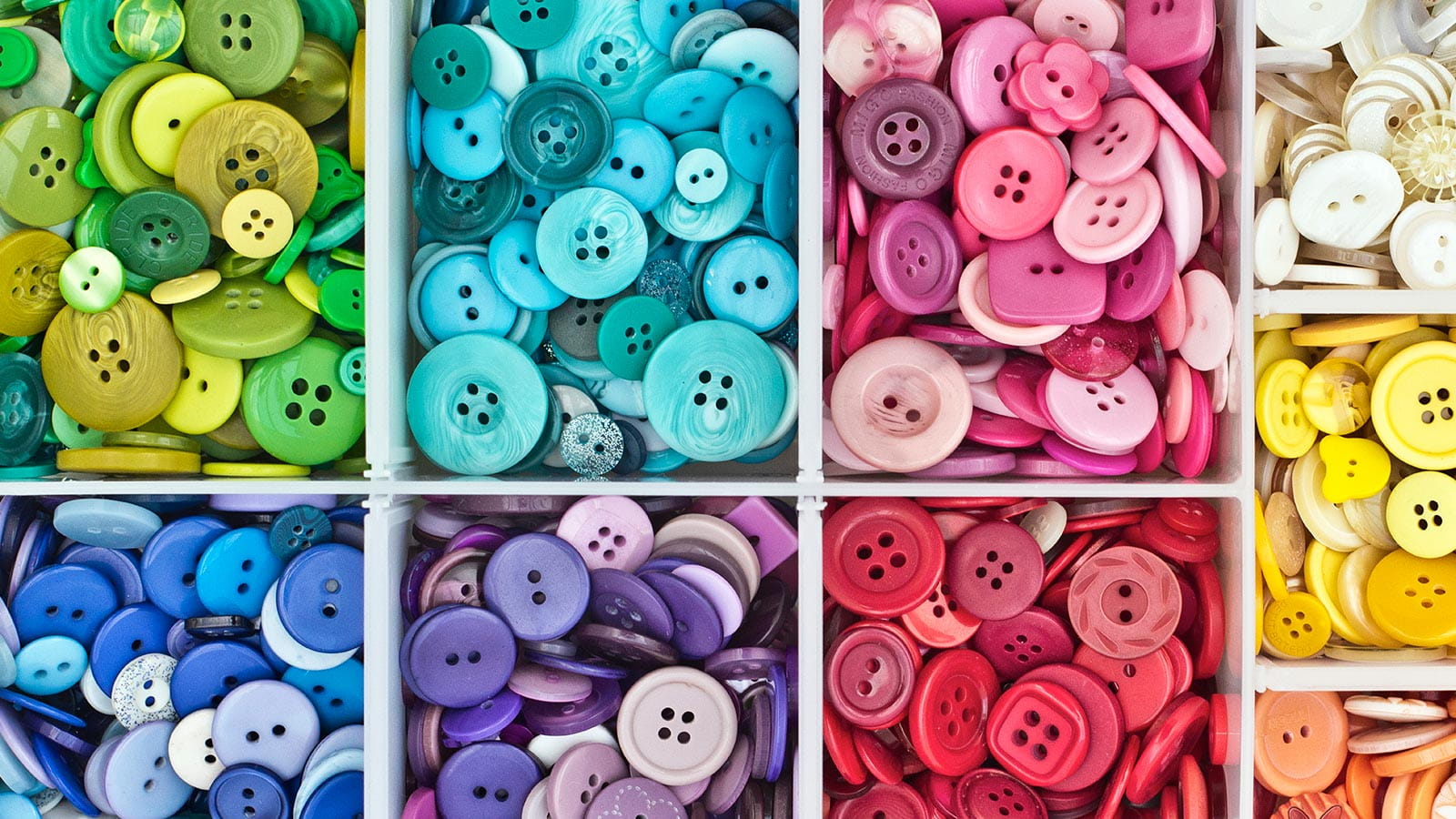 buttons organised in containers by colours green blue pink yellow orange red purple