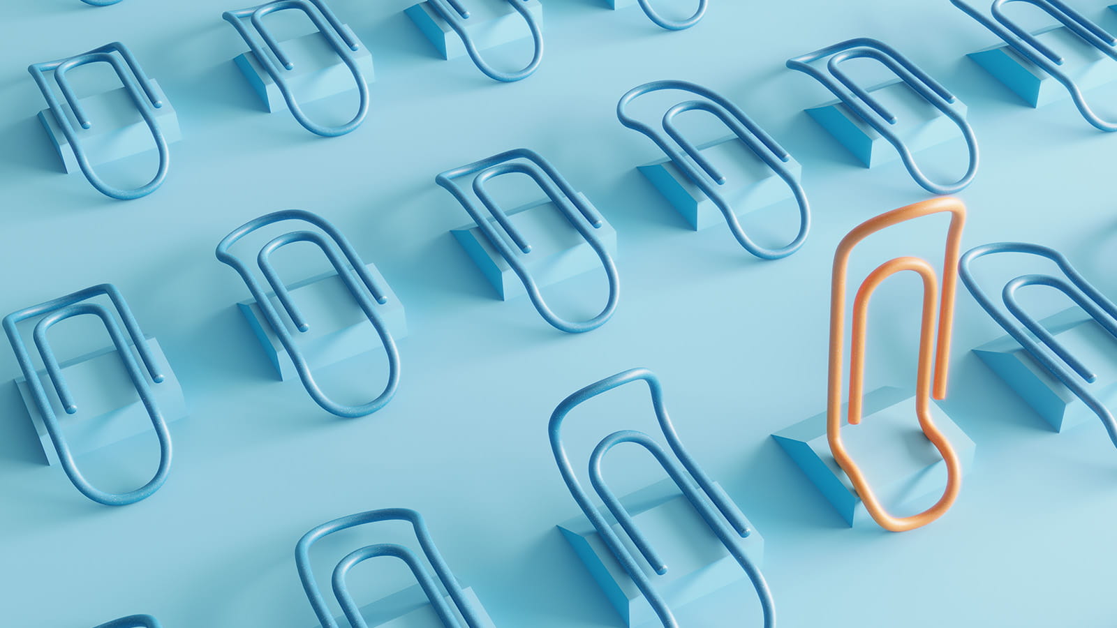 3D illustration of rows of blue paperclips with an orange one sitting up 
