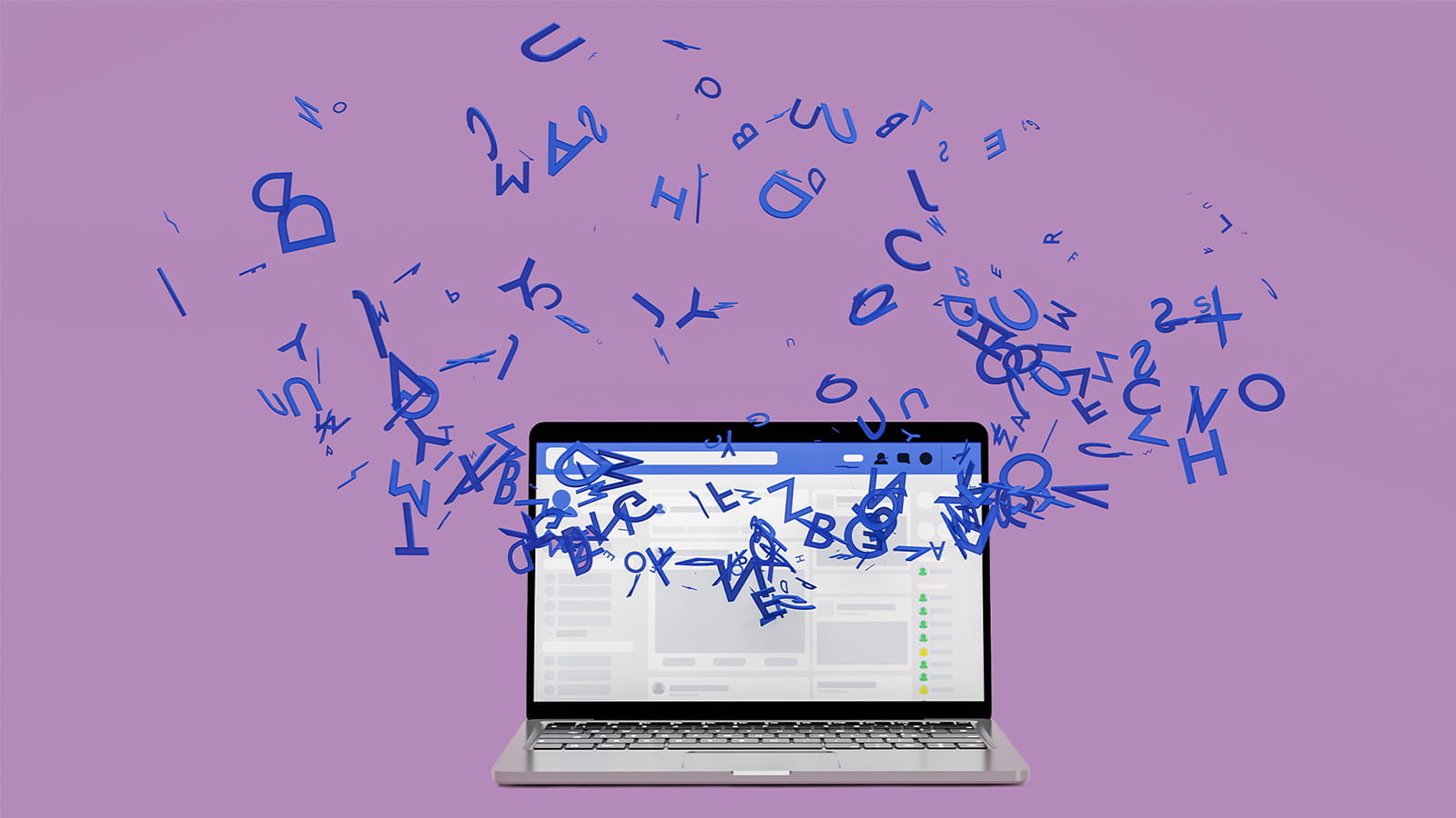 illustration of blue letters and numbers flying out of laptop computer screen