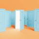 digital conceptual illustration of blue doors closed with one door ajar open orange background