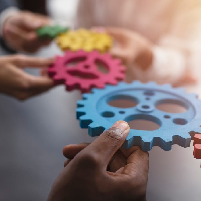Business team holding different colour cogs