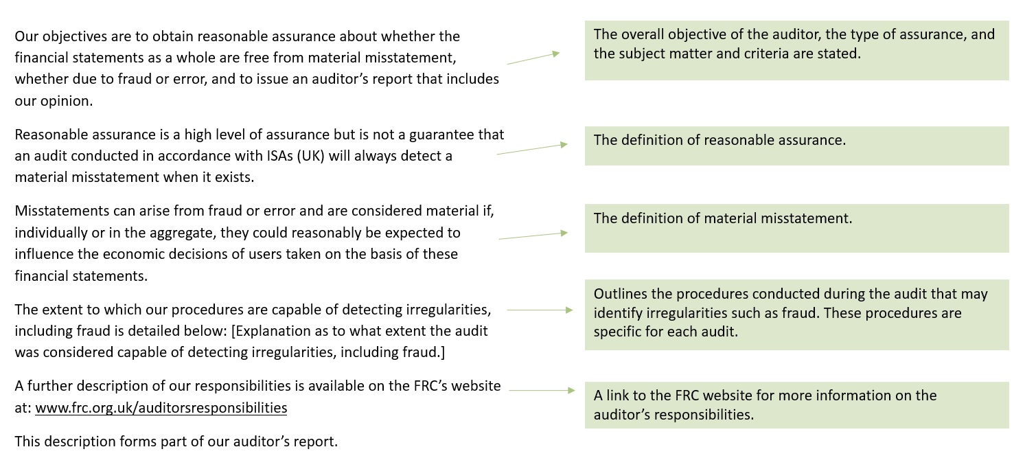 Auditor's responsibility for the audit of the financial statements example text and descriptions
