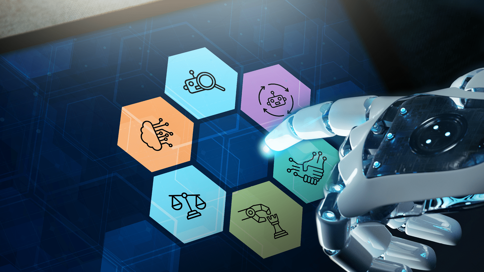 Robot hand touching screen with six images for topic areas