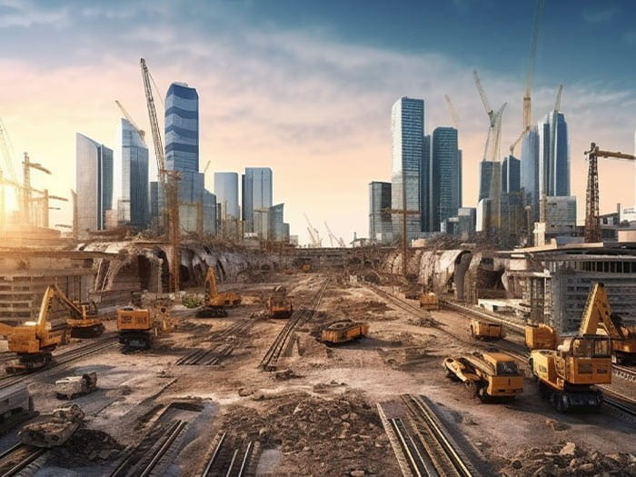 construction site city skyscrapers train tracks cranes forklifts trucks machinery infrastructure AI