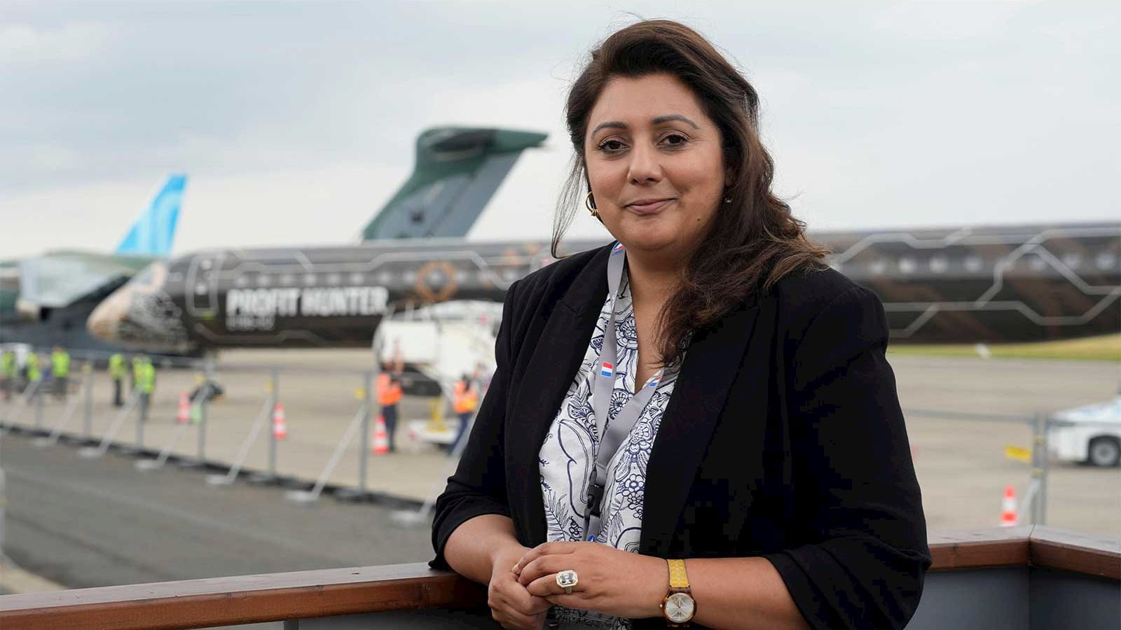 UK Minister for Industry and Economic Security Nusrat Ghani planes airport tarmac