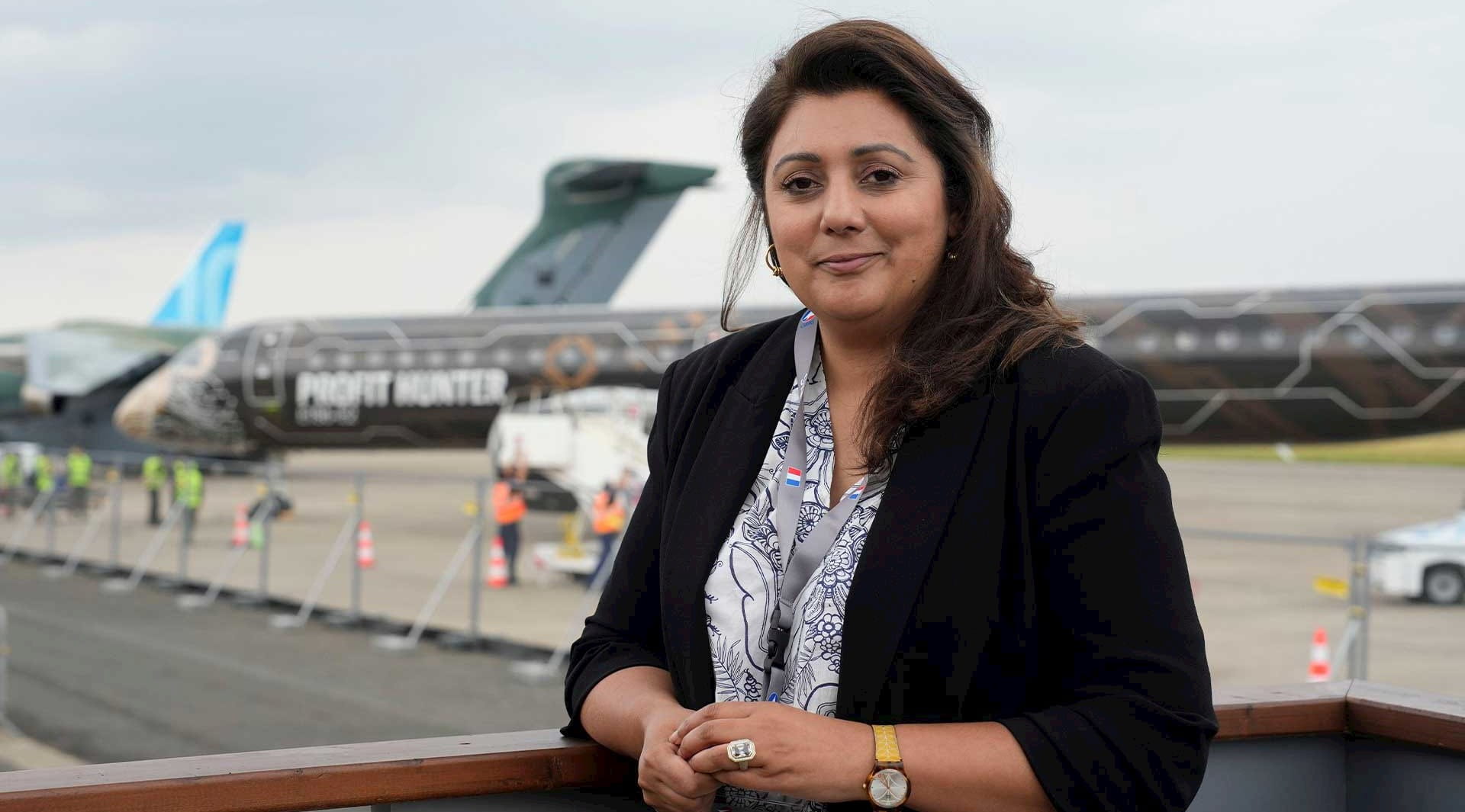 UK Minister for Industry and Economic Security Nusrat Ghani planes airport tarmac