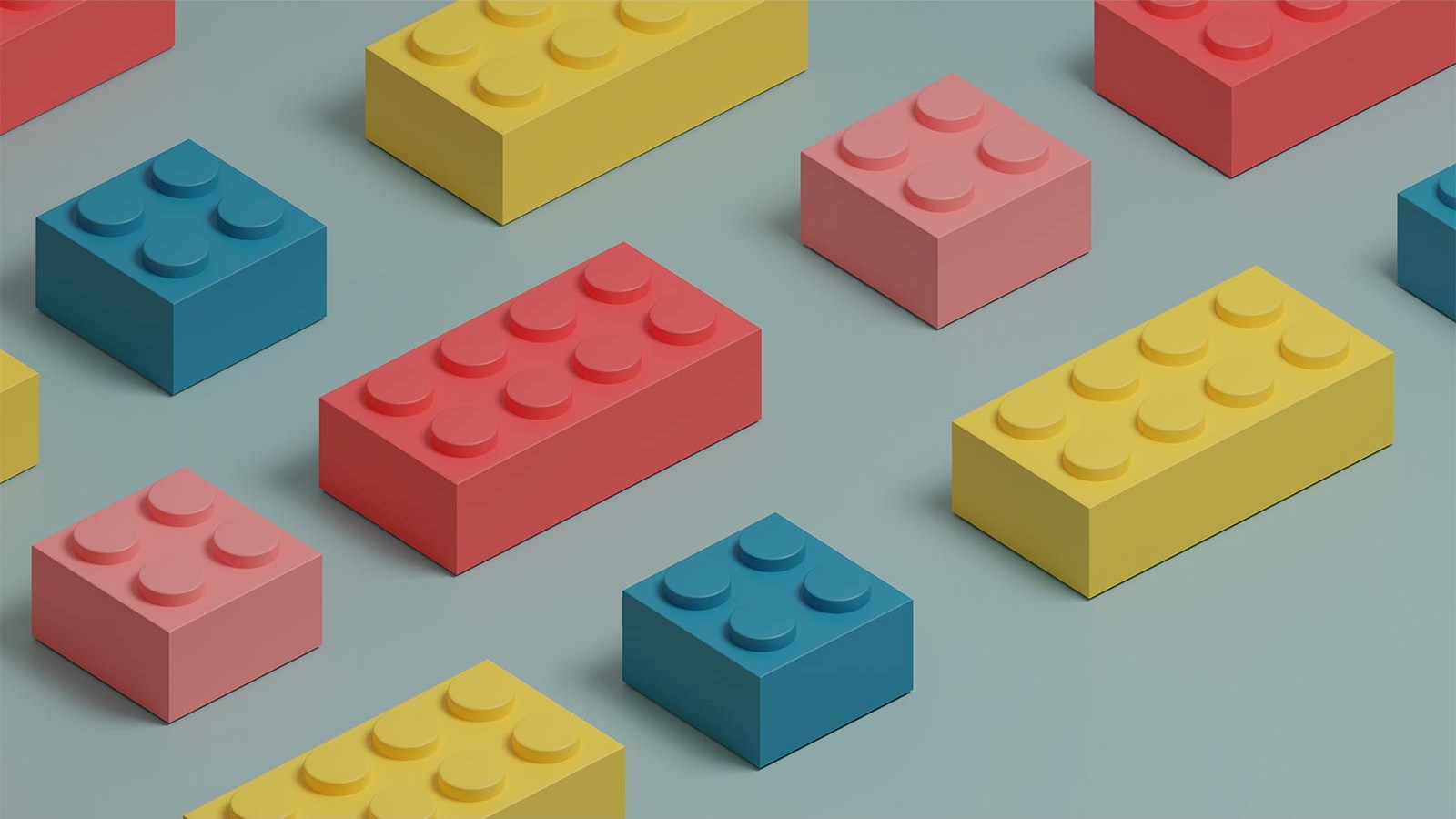 2D illustration lego bricks yellow pink red blue grey background