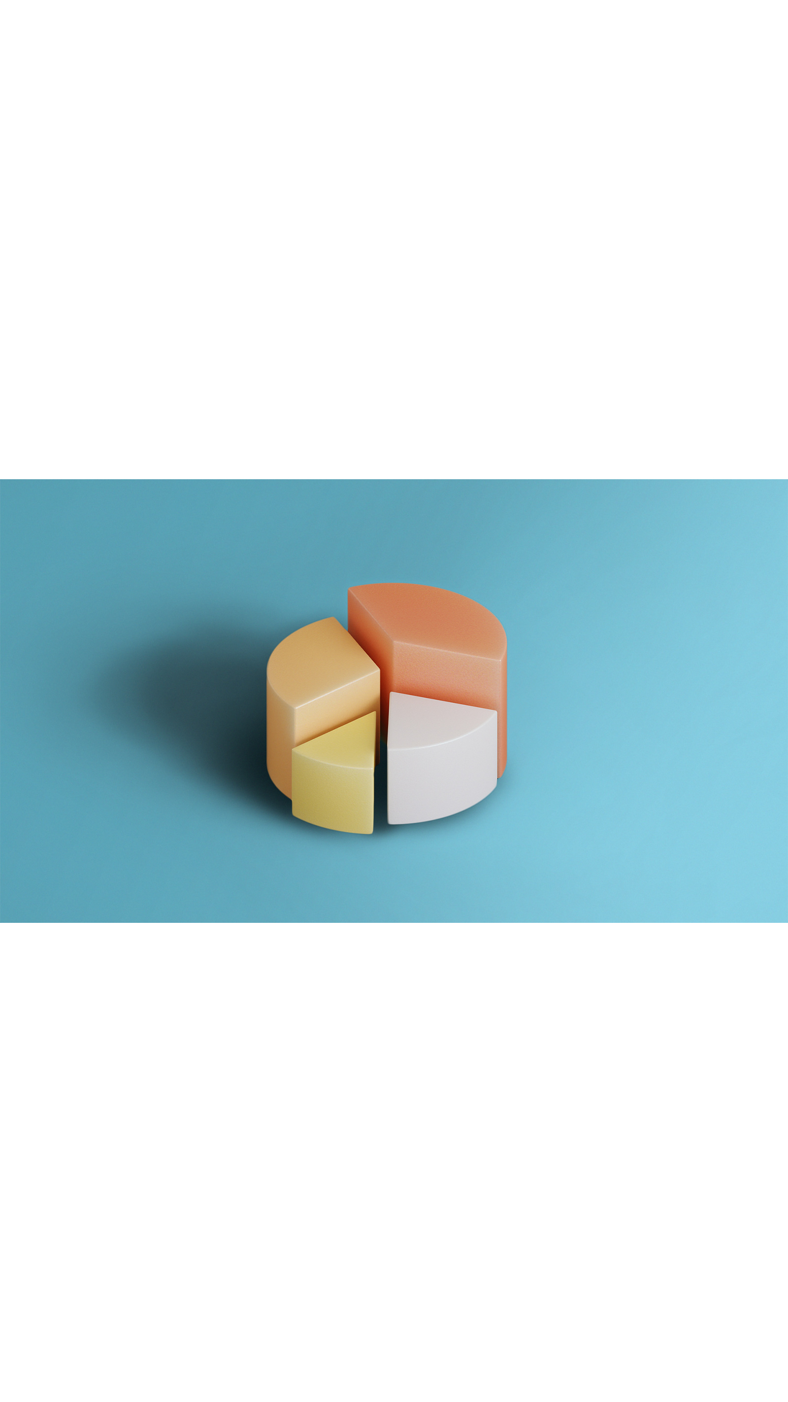 3D pie chart pieces round circle orange, yellow, white on a blue background