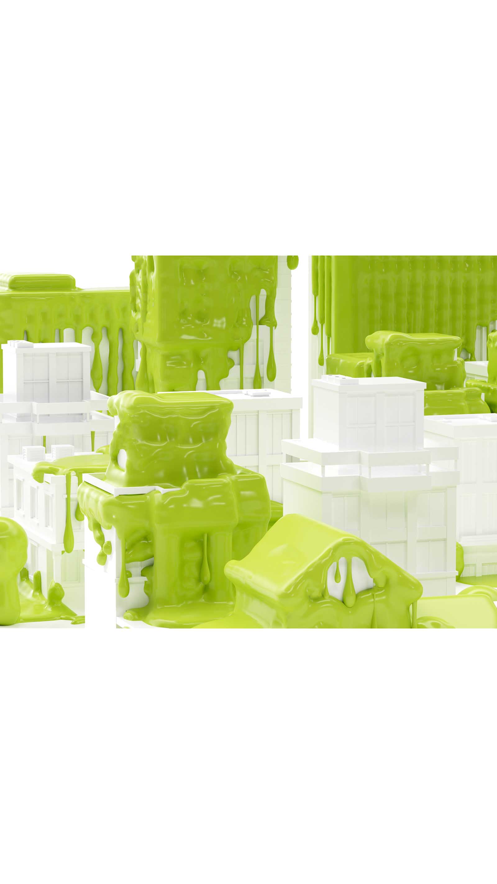 green paint splattered poured onto white model city buildings greenwashing