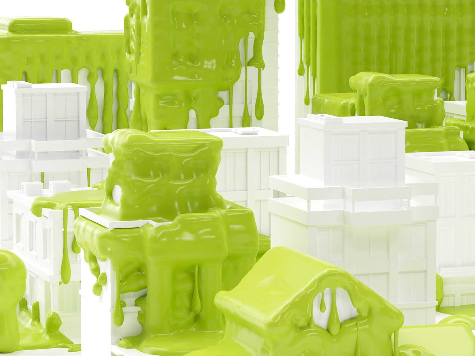 green paint splattered poured onto white model city buildings greenwashing