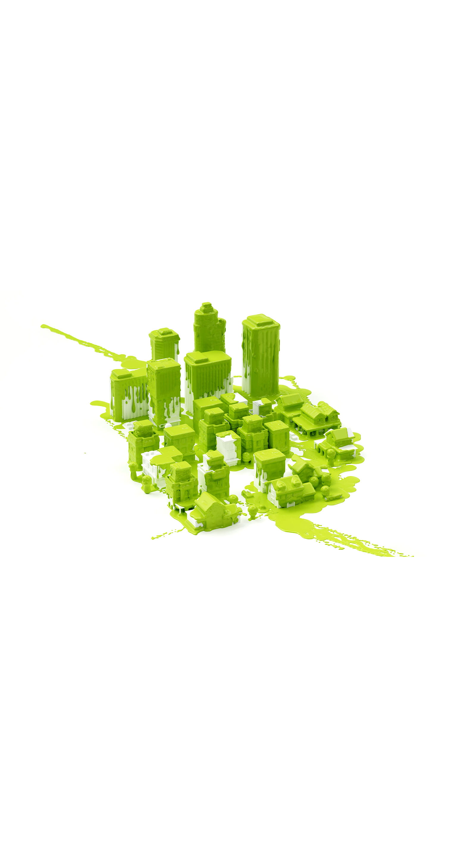 green paint splattered poured onto white model city buildings greenwashing
