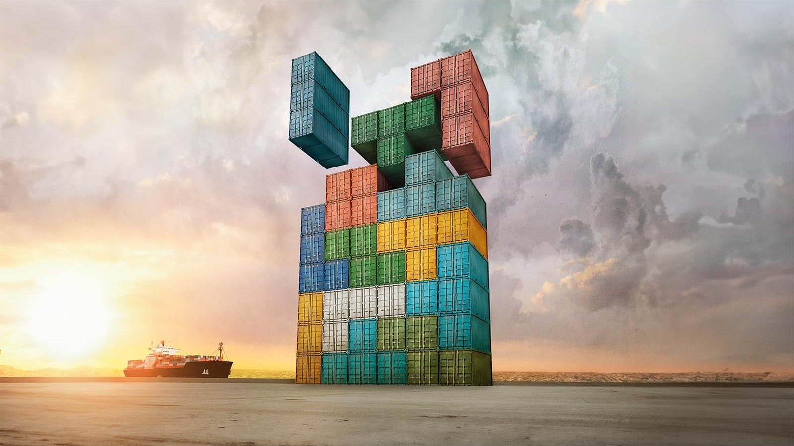 shipping containers stack tower multi colours like Tetris slotting together dock sunset ship clouds