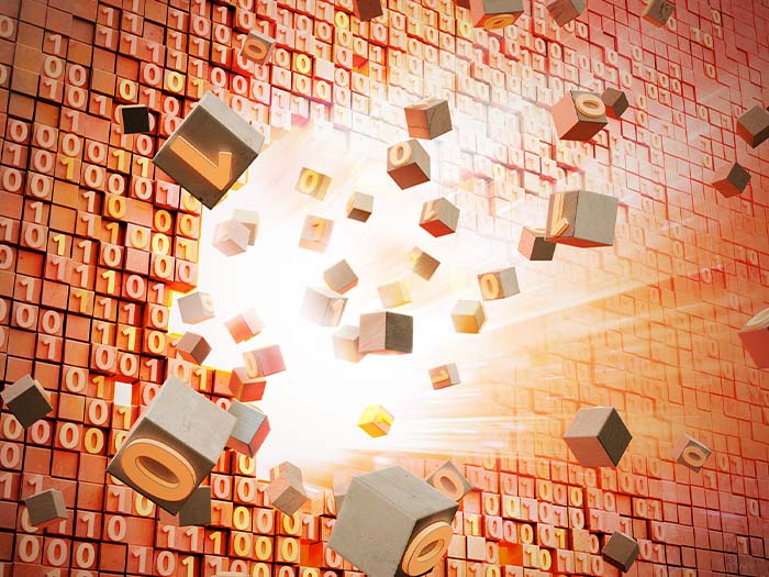 building blocks with numbers code breaking from a wall orange light pouring out of hole cyber security