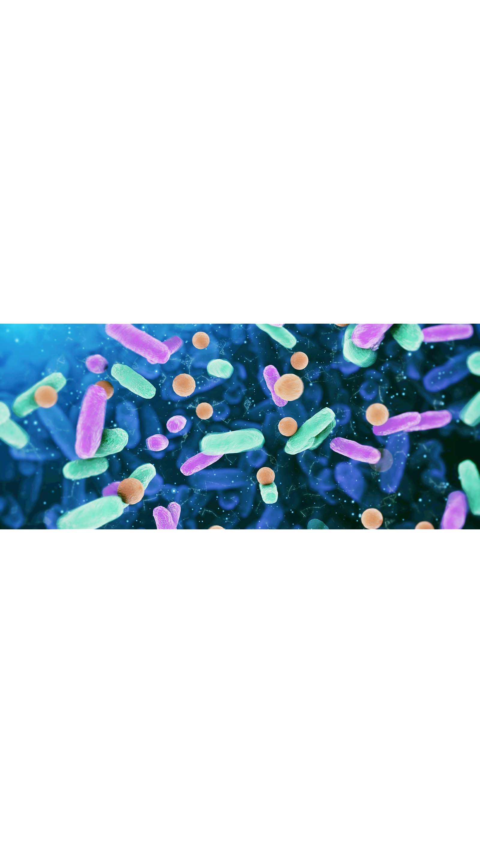 bacteria cells magnified floating spinning around pink green blue