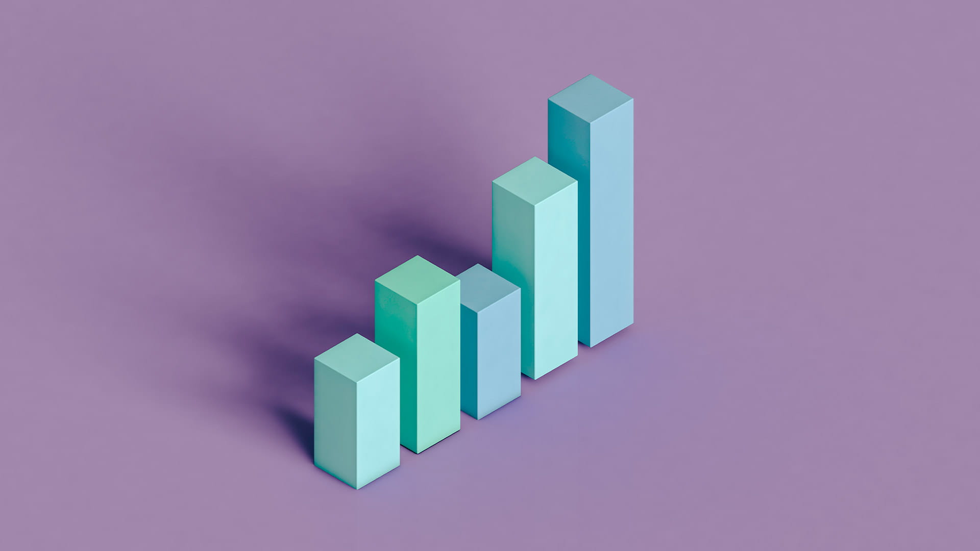 3D bar chart illustration blue green teal on a purple background
