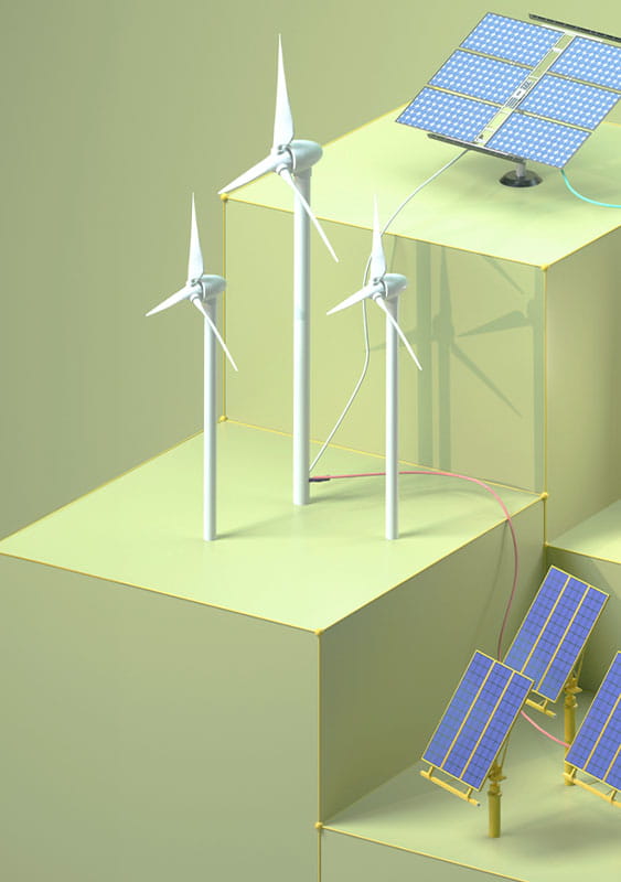 3D illustration of green sustainable energy solar panels wind turbines supplying power electricity for a computer on a green background