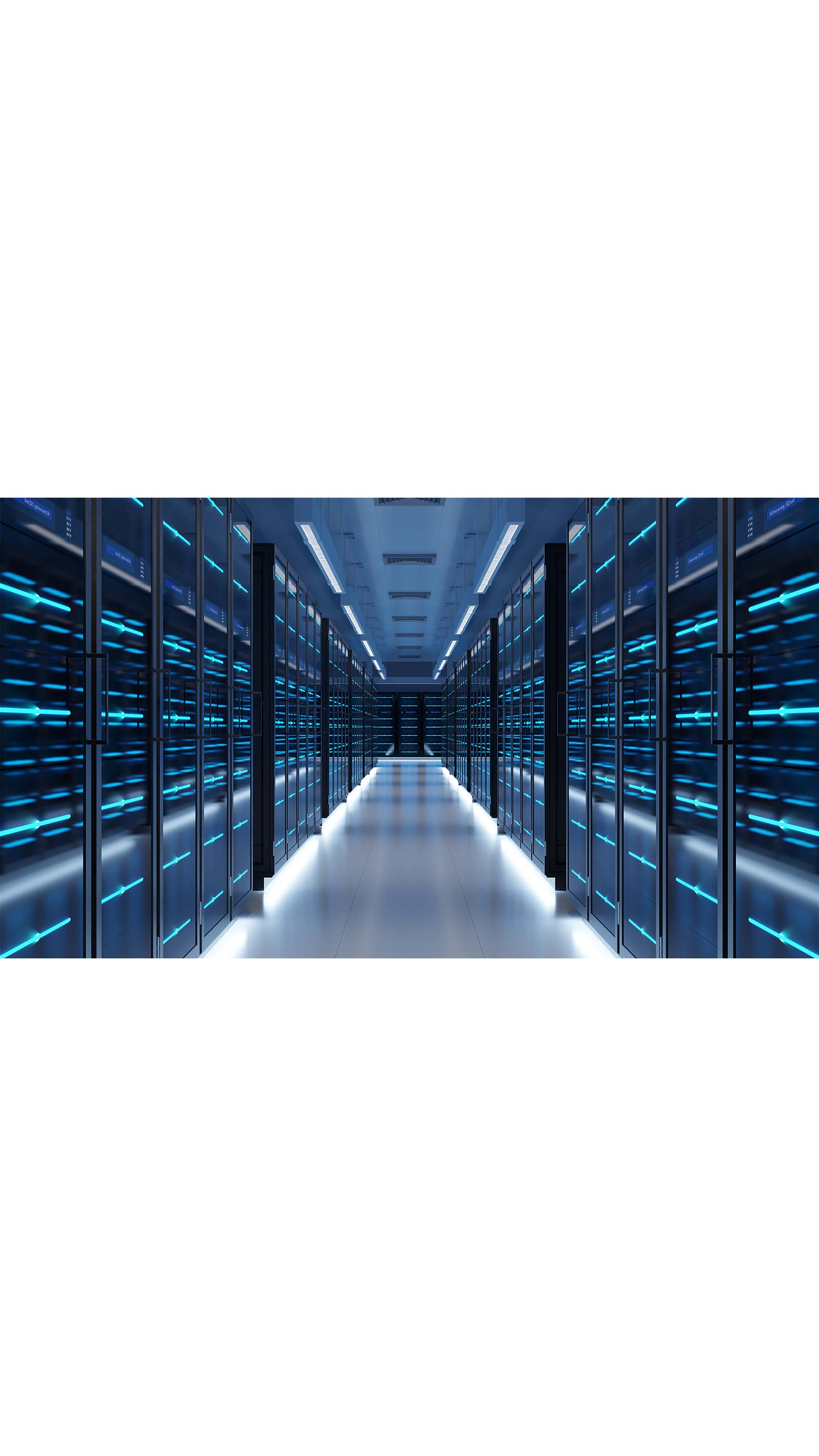 a long row of computer servers room blue lights behind glass doors