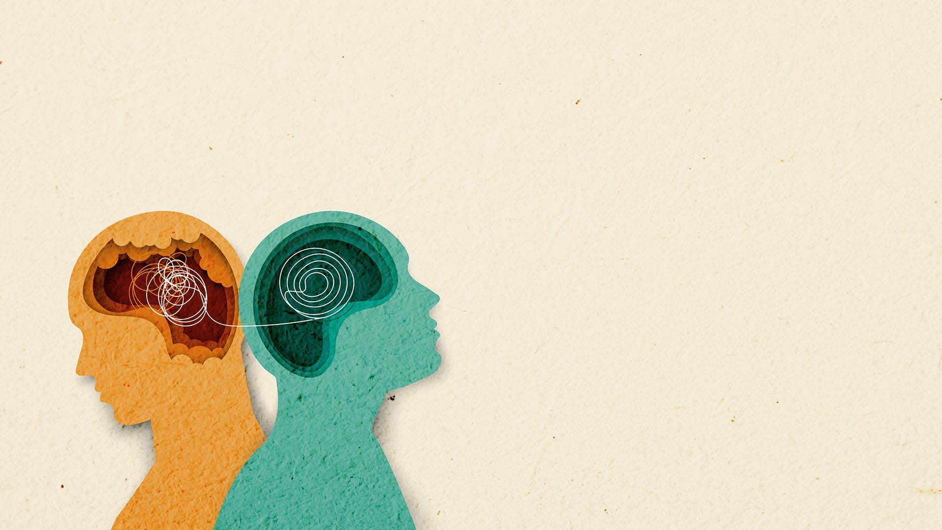 illustration of two people silhouettes orange teal with connected string brain mind scrambled clouded mental health
