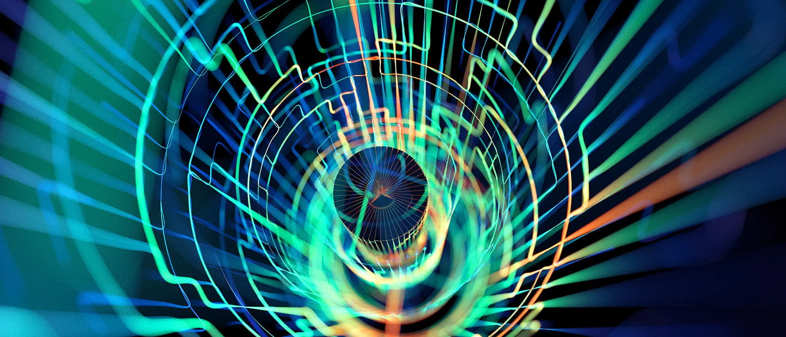 Digital generated image of abstract glowing neon coloured lines moving along data tunnel.