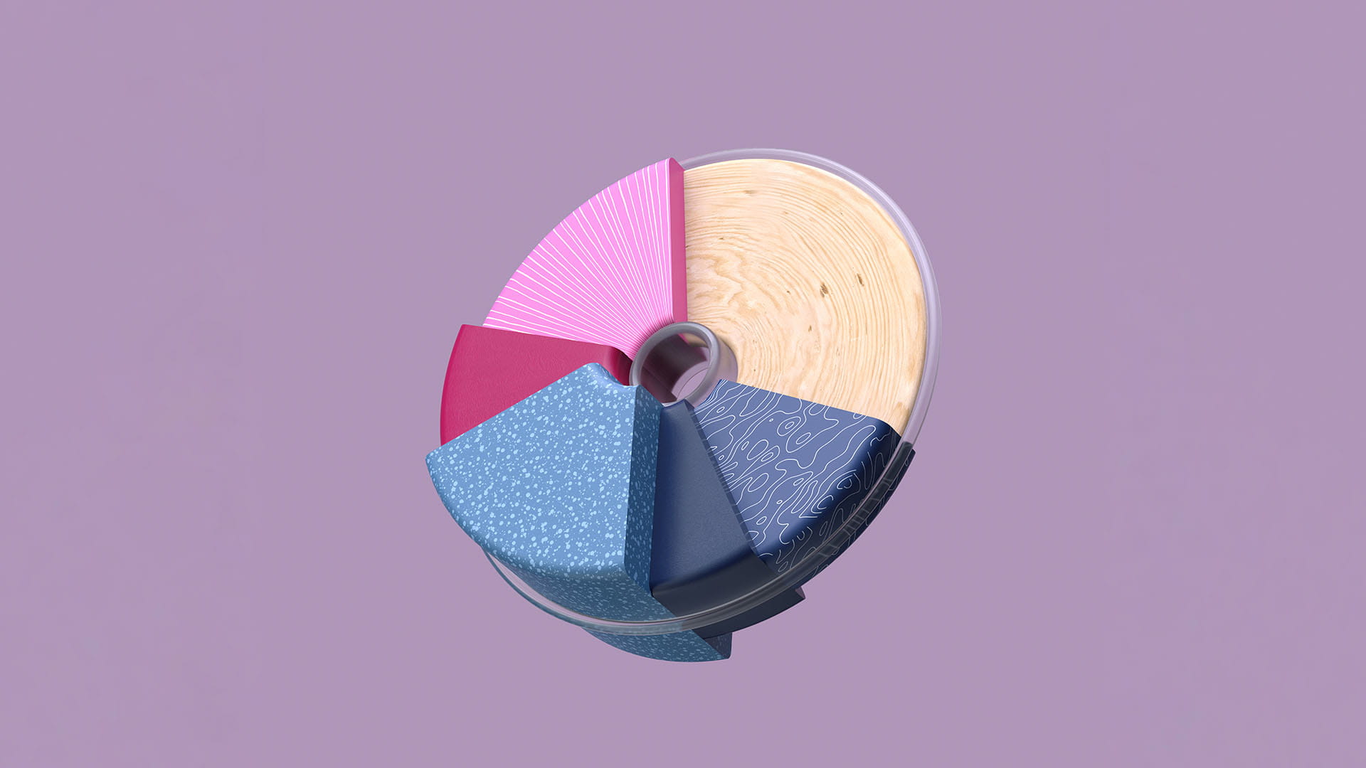 3D illustration of a pie chart with a purple background