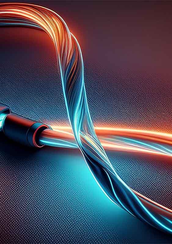 digital illustration of an electric cable infinity loop fibre optic red and blue light
