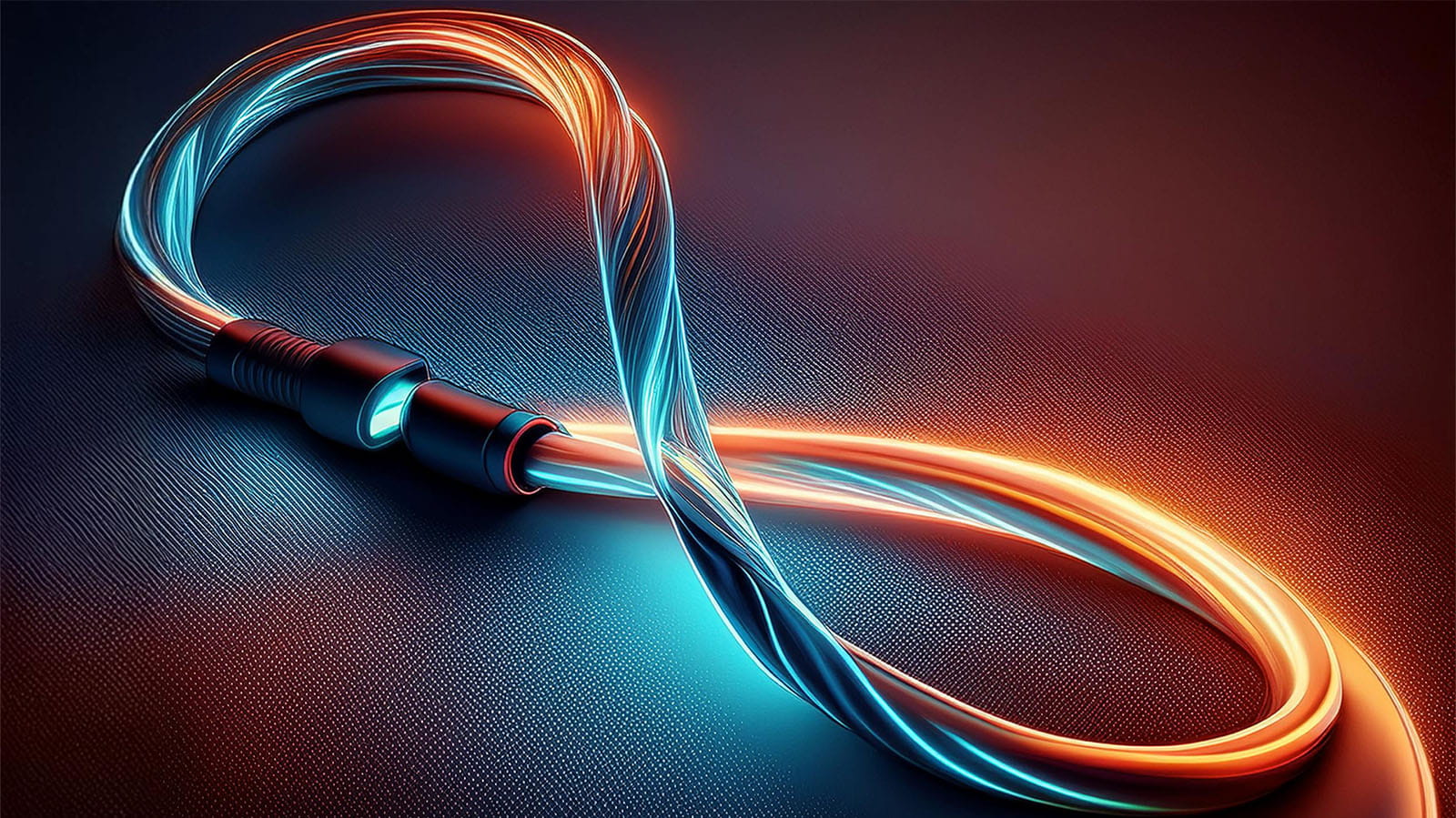 digital illustration of an electric cable infinity loop fibre optic red and blue light